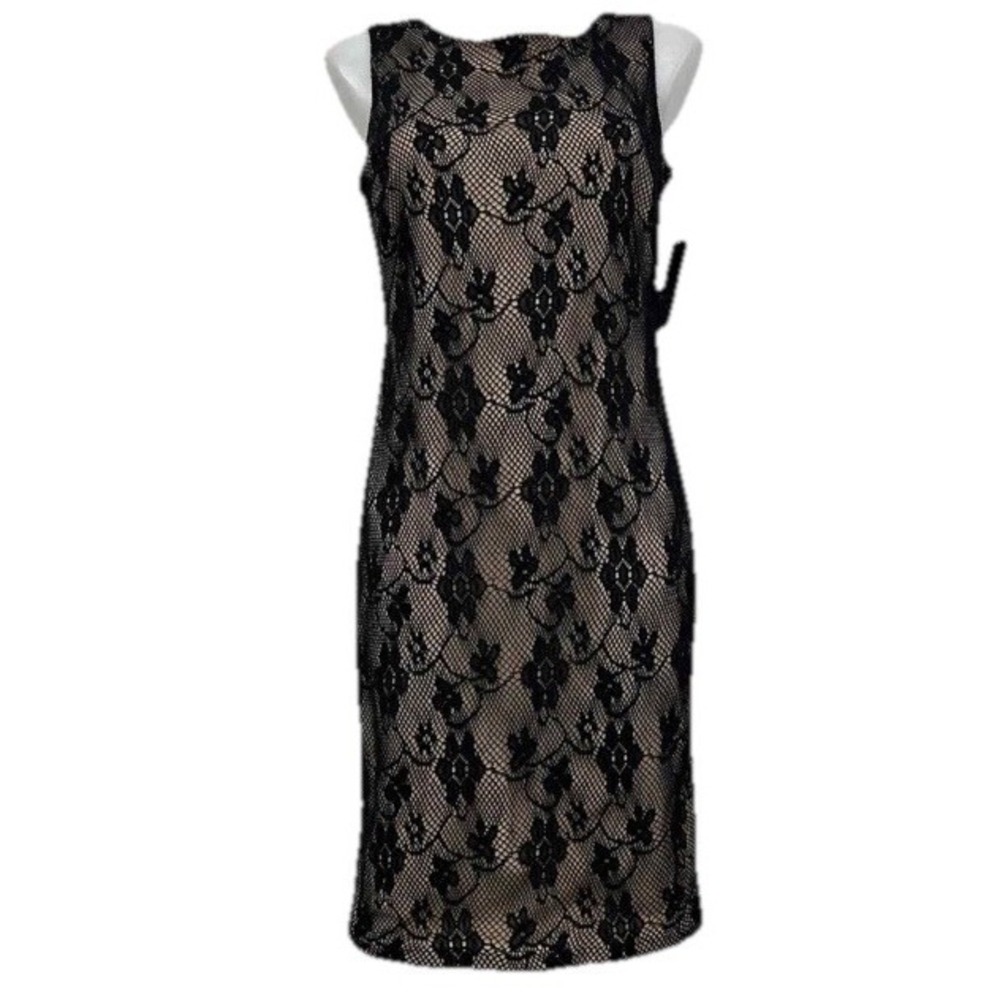 Frank Lyman Black Lace Sheath Dress 12 Nude Lining Sleeveless Cocktail